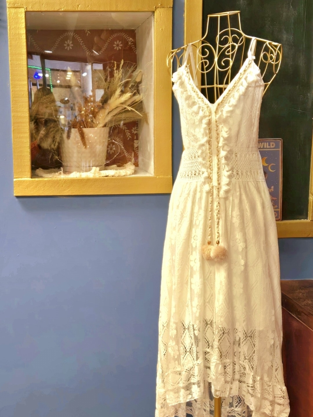 Boho Lace Maxi Dress with Pom Tie - Cream